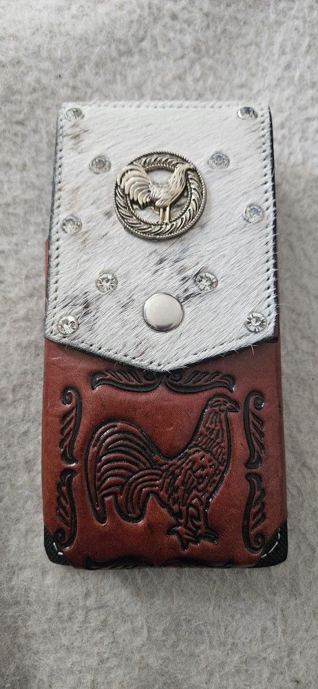 New Leather Grey Red Rooster Cowboy Concho High End Leather Handmade Cell Phone Case Phone Pouch Tooled High End Case Universal
