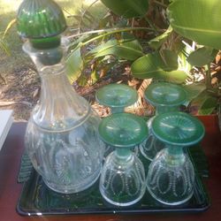 Avon Vintage Emerald Green Glass Decanter Set 