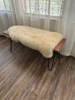 Wood Bench with Sheepskin Throw and Hairpin Legs
