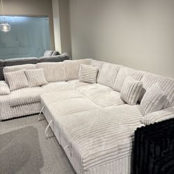 123” Long Corduroy Beige Color Sectional With Pullout Bed NEW