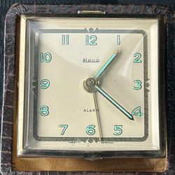 Heco Vintage Travel Clock In Leather Case West Germany 