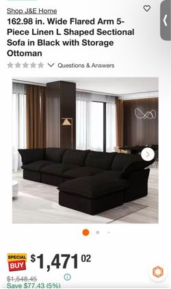 162.98 in. Wide Flared Arm 5-Piece Linen L Shaped Sectional Sofa in Black with Storage Ottoman