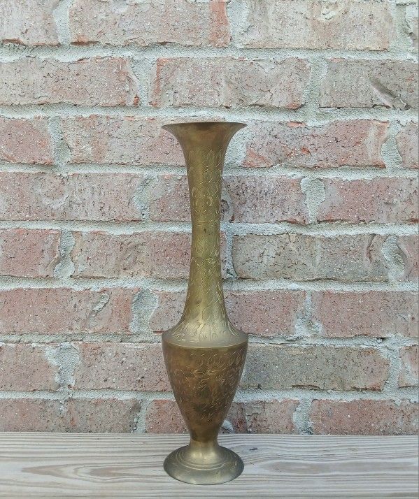 Vintage Tall Brass Etched Vase