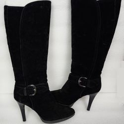 Worthington Black Faux Suede Tall High Heel Zip Up BOOTS Women's US Size 8-1/2