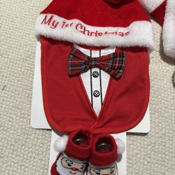 New Baby Boy My First Christmas Hat Bib And Booties Set 