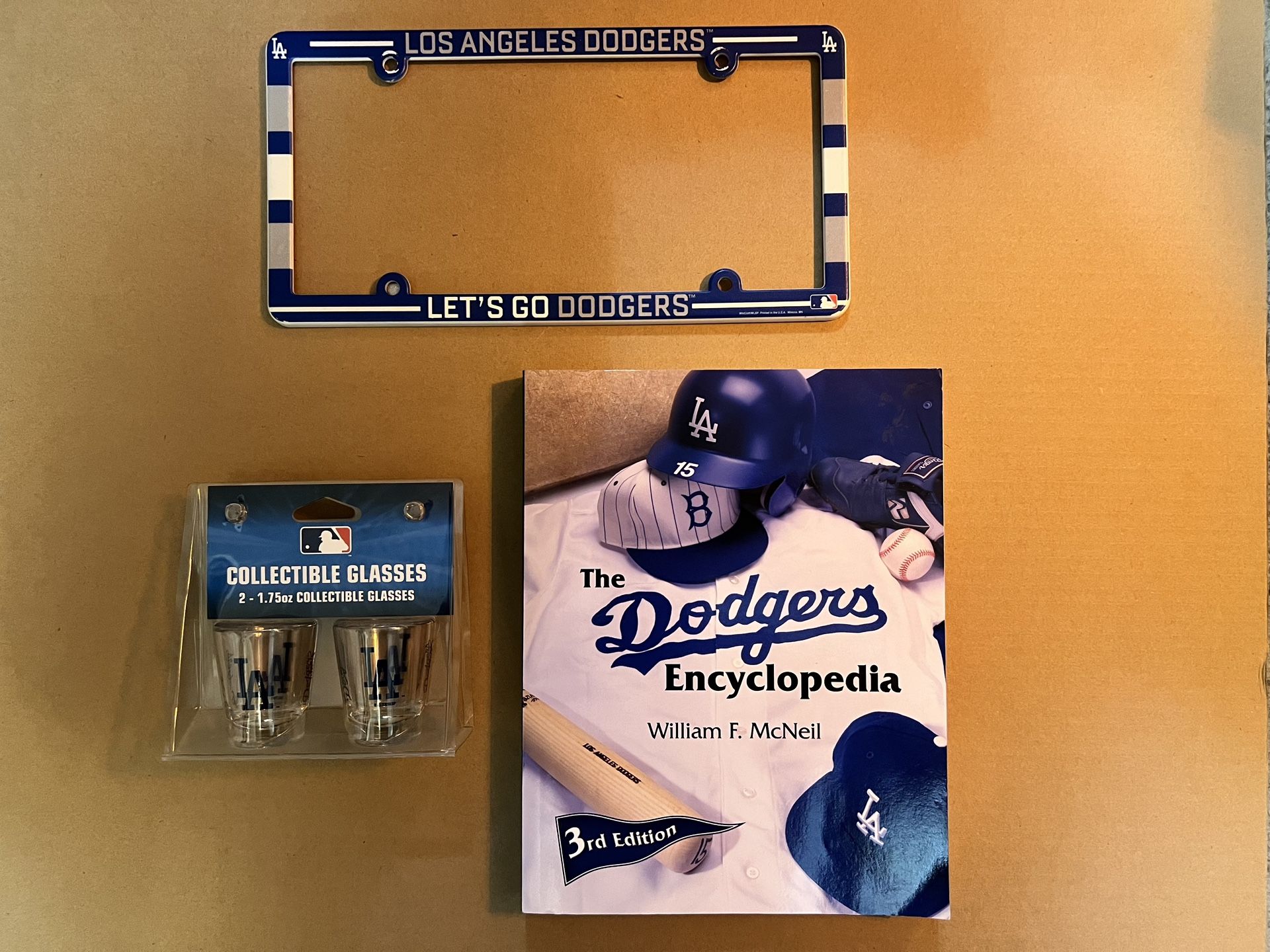 Dodgers Encyclopedia, License Plate Frame + Shot Glasses.
