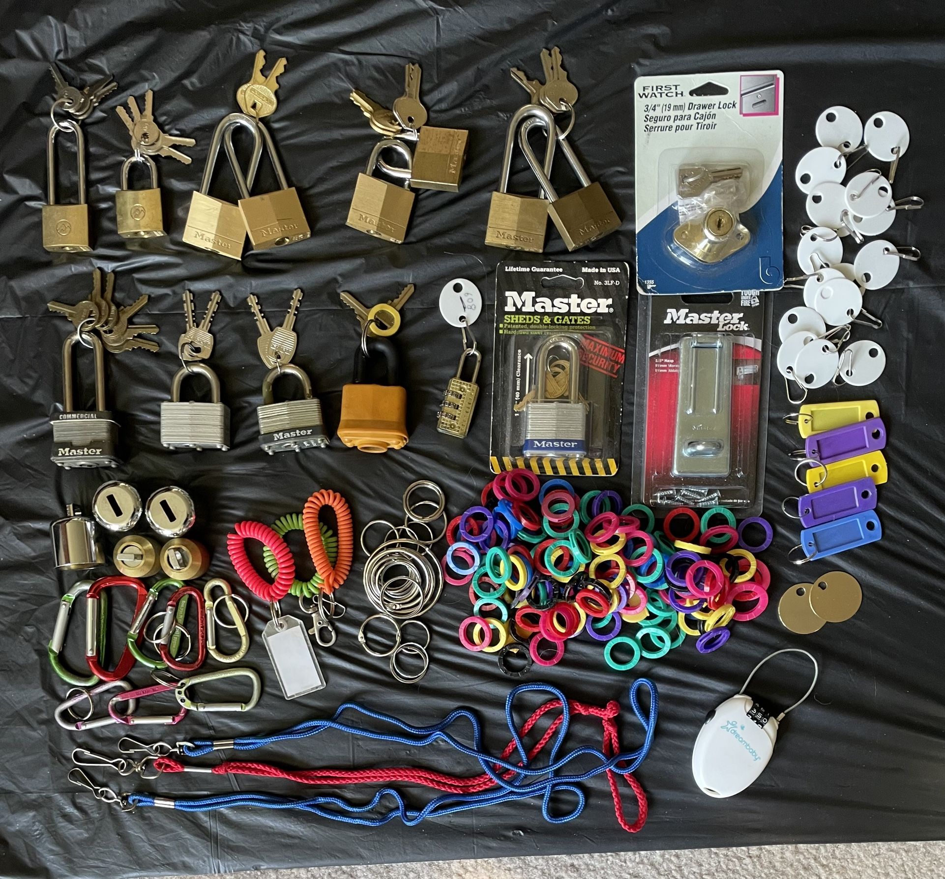 Some Items Used, Some New. All in good working condition. 8 - Olympus & Masterlock Solid Brass Padlocks (three pairs keyed the same) 5 - Masterlocks, 