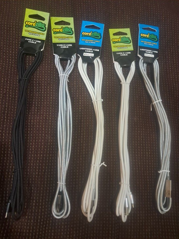 5 Ten Foot Long Usb Phone Chargers (2 Are Iphone And 3 Are C Charger)