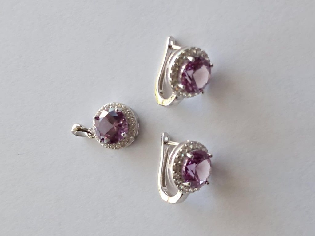 925 Sterling Silver Created Alexandrite Sapphire Jewelry Set Incl Pendant And Earrings