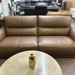 Furniture- 2 Pc Semi Aniline Real Leather Sofa With 2 Power Recliners- Polner