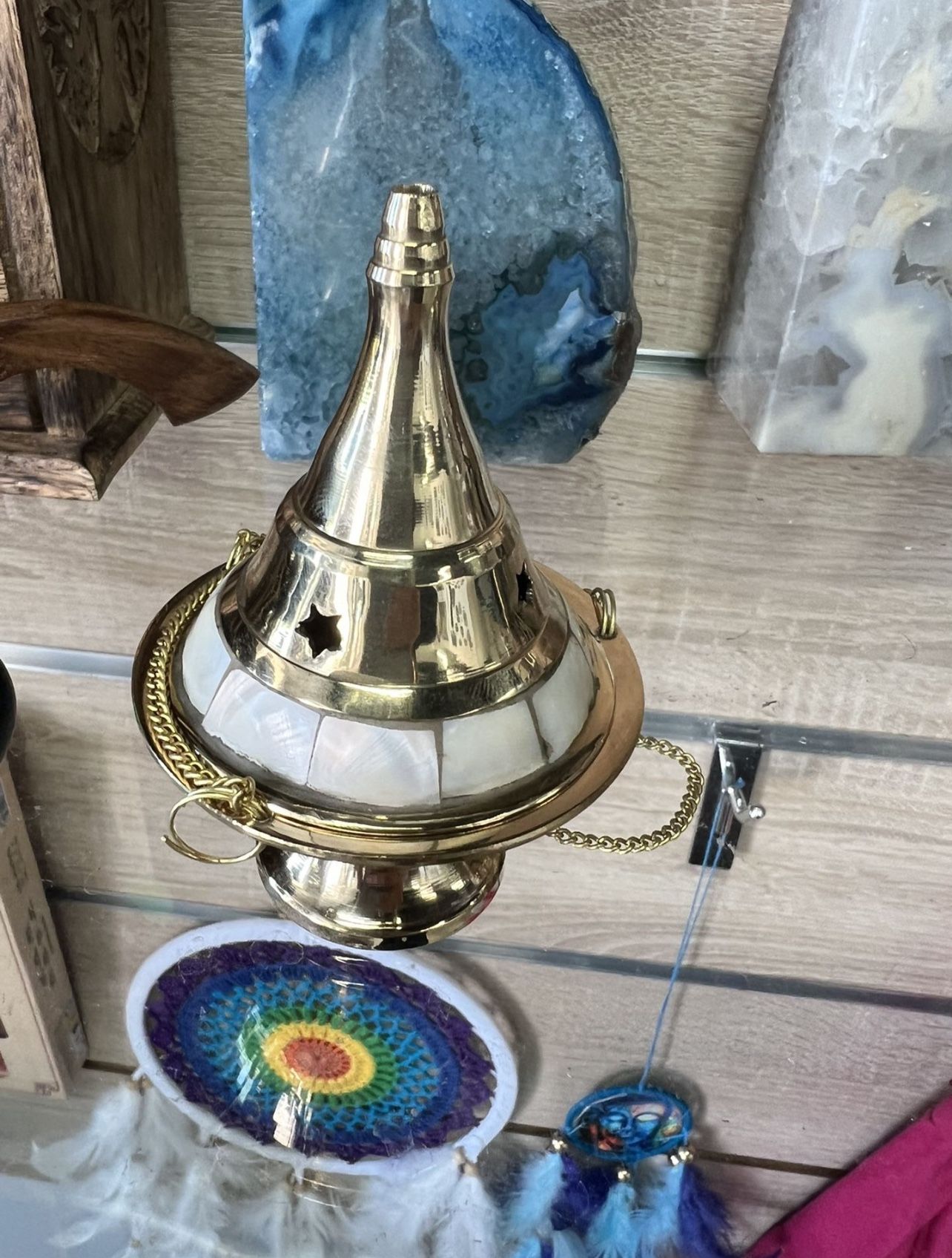Brass Hanging Burner Pearl Stone 