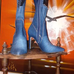 Jean Thigh High Boot Heels(light&dark Blue)