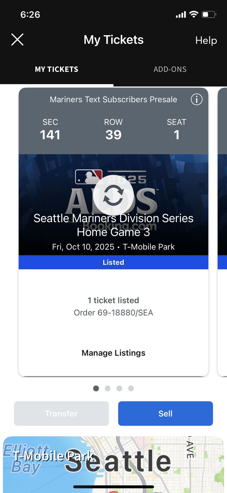 4x 100 Level Mariners Tickets (Home game 3) Series Game 5