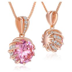 Brand New 6.0 Carat (12mm) Round Cubic Zirconia Pendant Necklace, 41 Diamond-Cut Accents, 18K Gold Plated Rose Gold, Adjustable 18"+2"