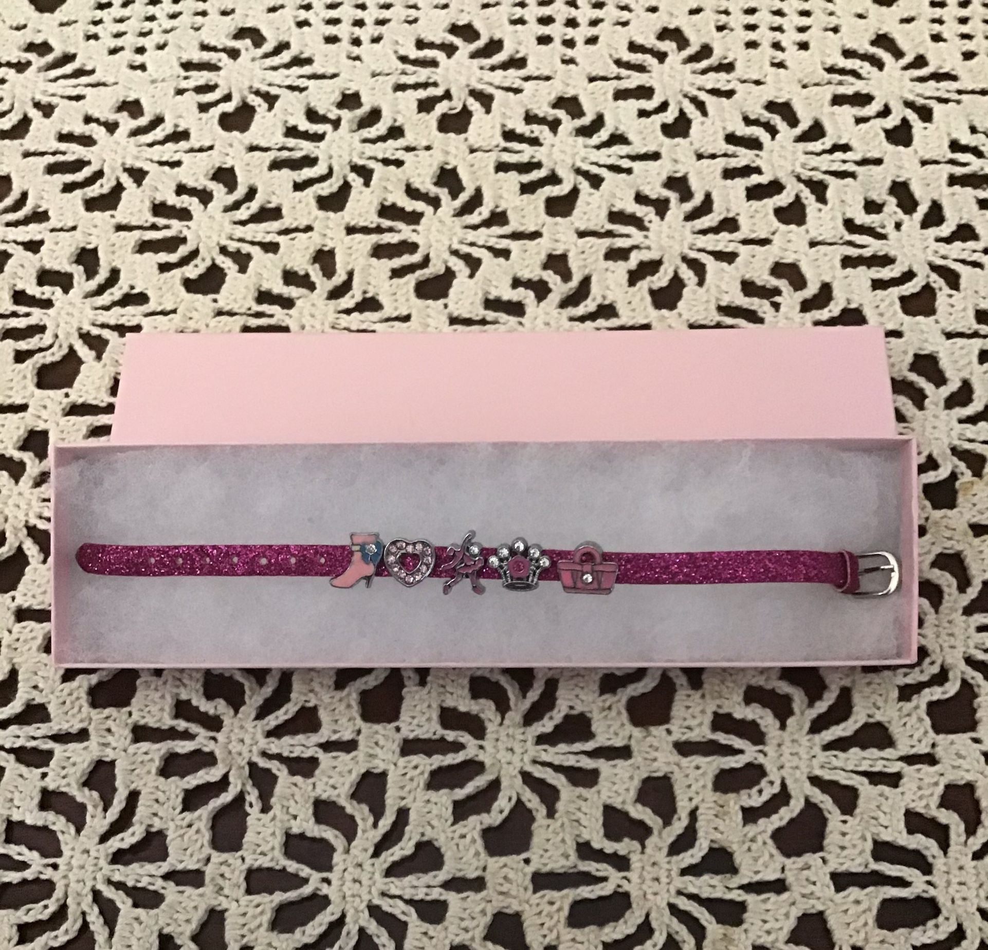 Pink strap bracelet with buckle. Buckle pink glitter bracelet with ballerina, boot, crown, heart, rhinestones and purse charms. Girls bracelet.