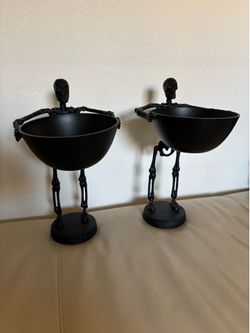 Set of 2 Midnight Spell Gothic Black Cast Iron Skeleton Candy Bowls