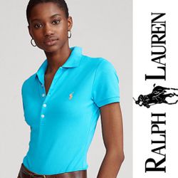 RALPH LAUREN Sport Slim Fit Stretch Polo Blue Shirt With Pink Logo Size XL