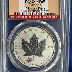2016 PCGS SP69 CANADA MONKEY PRIVY 1oz SILVER COIN 