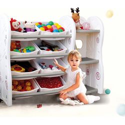 Gupamiga Toy Storage Organizer for Kids Collection Rack of Children Deluxe Plastic Bookshelf and Basket Frame Sundries with 8 Toy Organizer Bins Bins 