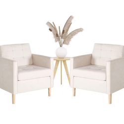 0928 Mid Century Modern Home Office Upholstered Fabric Accent Chairs Set of 2 with Arms Reading Chair Club Chair, Living Room Bedroom Office, White (2