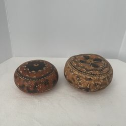 2 Vintage Indigenous Peruvian Gourd Sun Rattle Instrument Handmade Decoration