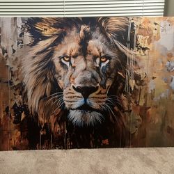 Huge Lion Oil Painting Print Canvas Animal Gold Black Royal Mane 53”x36”