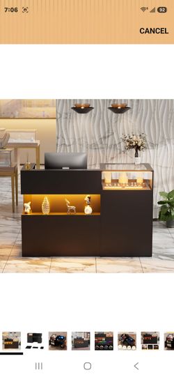 PAKASEPT 59" Modern Reception Desk with LED Light & Glass Display Shelf
Front Desk with 3 Cabinet, Drawer, Keyboard Tray, Retail Counter for Checkout,