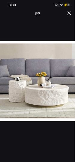 Two White Marble Grain Round Coffee Tables Set (2)