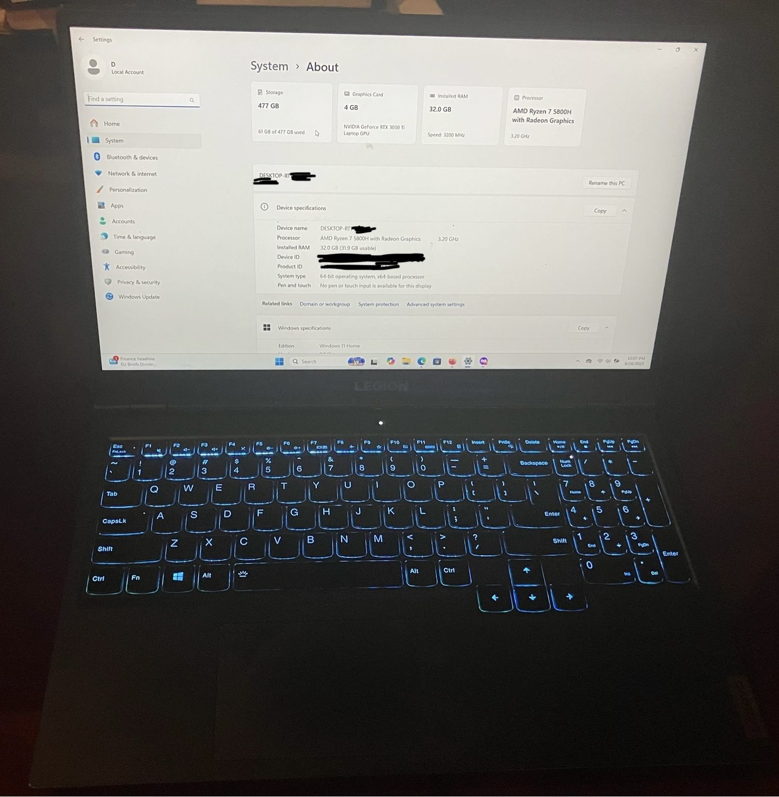Lenovo legion 5 Gaming laptop- 5800H, 32gb Ram, 3050ti