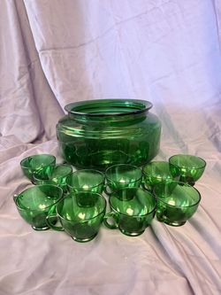 Green Glass Punch Bowl Set with Cups