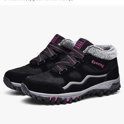 Qiucdzi Womens Winter Snow Boots Warm Fur Lined Anti-Slip Ankle Booties Outdoor Walking Shoes Non-Slip Trekking ShoesBlack (Upgrade Reflective Strip s