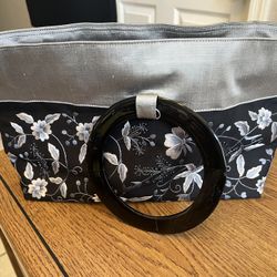 Vintage Jelis Women's Handbag Purse Floral Blue Silver Black Round Handles