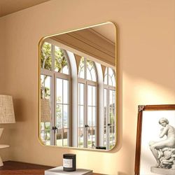 Y57 $45  28 in. W x 36 in. H Rectangular Aluminum Framed Modern Gold Rounded Wall Mirror  Introducing our versatile gold round frame mirror, perfect f