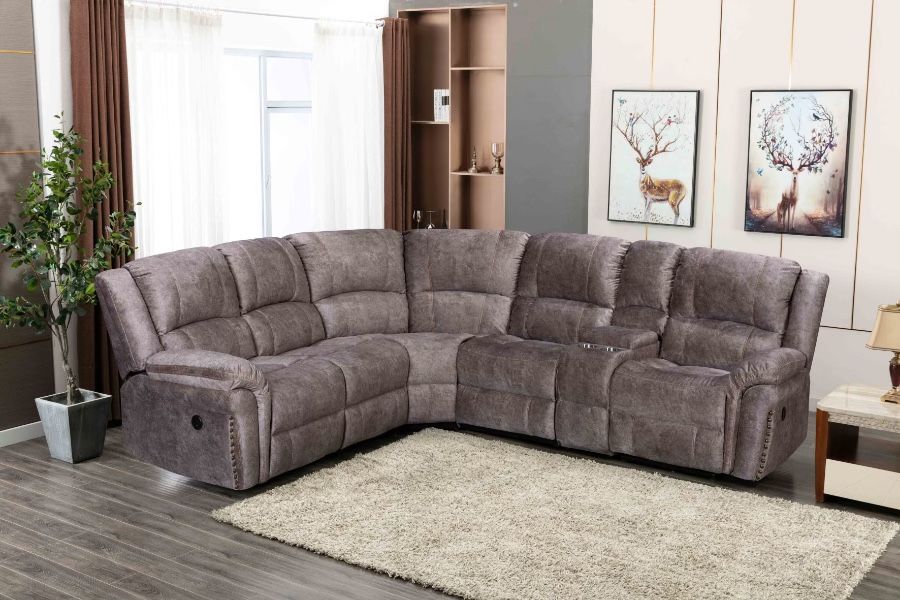 New Power 3 Reclining Sectional. Brown Or Grey Velvet Or Black Leather. 116” X 104” X 41”H. Free Delivery!