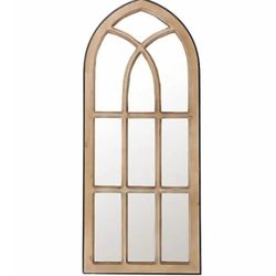 <NEW - LuxenHome Natural Wood Finish Accent Arched Cathedral Window Wall Mirror