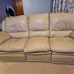 Beige Leather Sofa Set with Recline