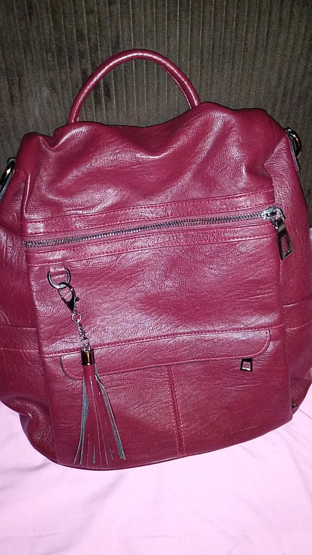 Red leather womens backpack purse