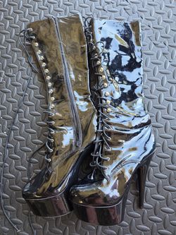 Under the knee 4" platform lace up vinyl boots