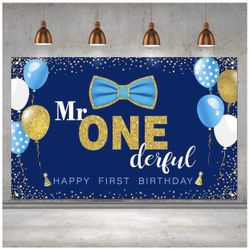 NEW MR. ONE-DERFUL Happy Birthday Backdrop Boy Blue & Gold