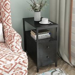 Side Table with Charging Station, Narrow Nightstand with 2 Drawers, Living Room End Table with Storage, Slim Bedside Table for Small Spaces, Black