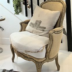 (2) French-Inspired Wingback Chairs with Charming Carved Details and Shabby Chic Appeal