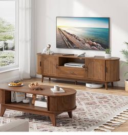 70" Fluted TV Stand for Tvs up to 80" Entertainment Center with Storage TV Stand with Fluted Sliding Doors and Drawers,Curved TV Media Console Table f