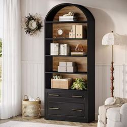 ❤️‍🔥 77 in.Tall Black Engineered Wood 5-Shelf Standard Bookcase with File Cabinet Drawer,Open Display Storage Bookshelf $100