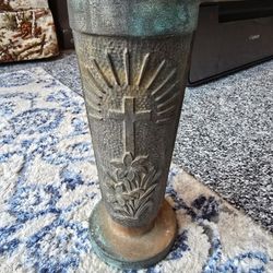 Vintage Cemetery Floral Vase Bronze Memorial  10.5” Cross And Flowers