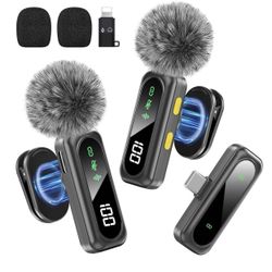 Wireless Microphone for iPhone, iPad, Android, Mini Microphones with LED Indicator & Noise Reduction, Magnetic Clip on Lavalier Microphone for Intervi