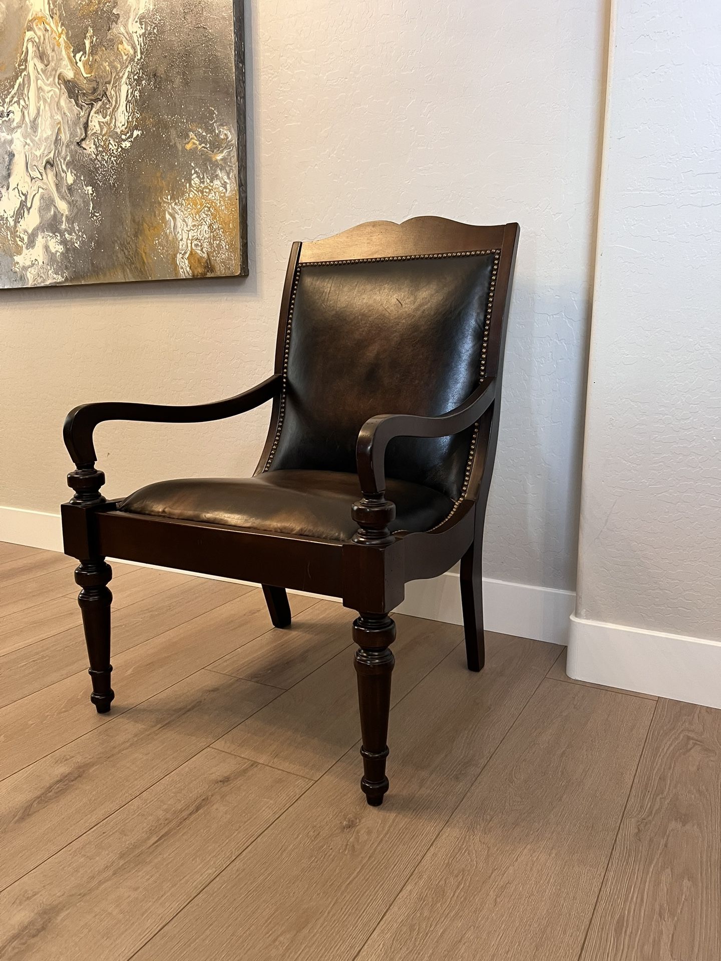 Hand-Carved Italian Leather Accent Chair w/ Nailhead Pins And Cane Backing