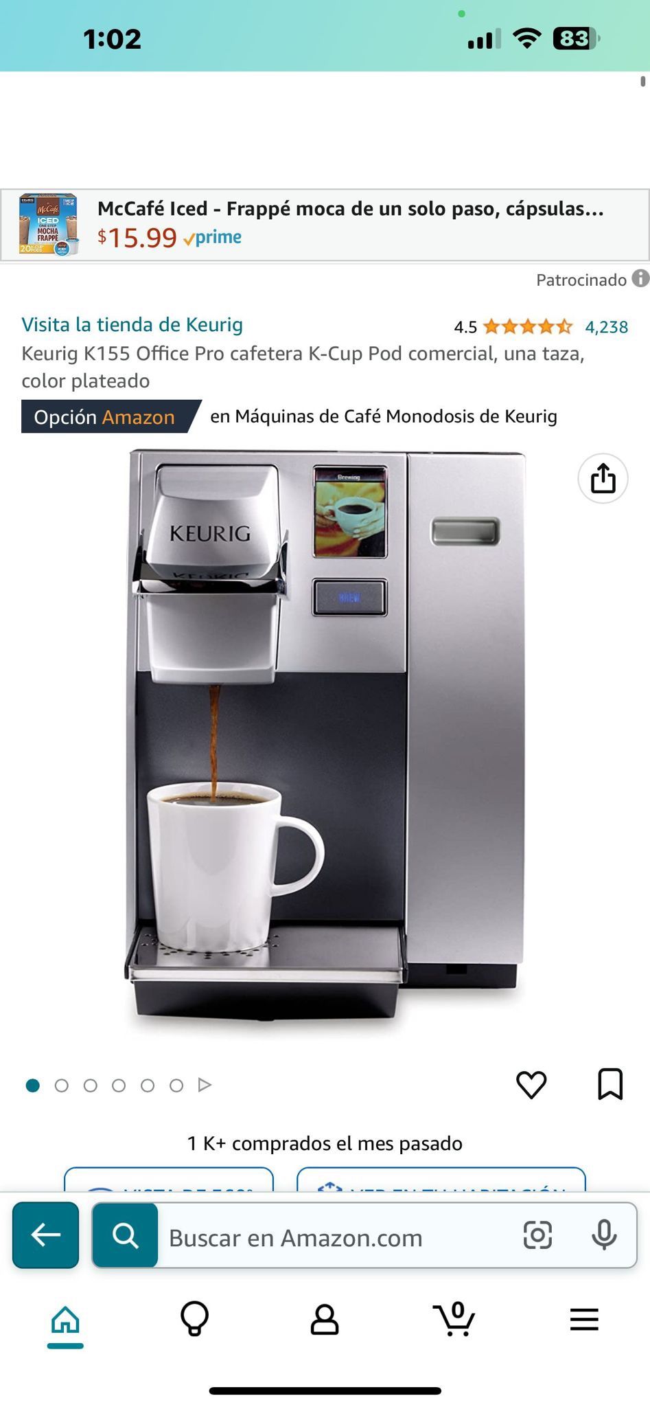 Keurig K155 Office Pro cafetera K-Cup Pod comercial, una taza, color plateado