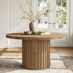 JW1243 47" Solid Wood Dining Table for 4-6, Farmhouse Round Kitchen Table with Striped Pedestal Base, Circle Wooden Dining Room Furniture for Kitchen 