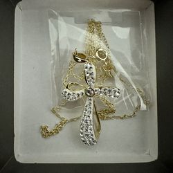 18kt Yellow Gold over Sterling Silver Crystal Ribbon Cross Pendant, 18"