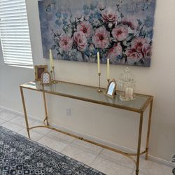Long Gold Side Table With Glass Top